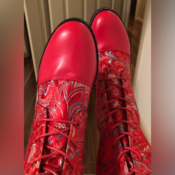 Boots; Fabric Upper; Floral Embroidery; Lace-Up, Side Zipper; Mid-Calf;Soft Sole - Picture 7 of 13
